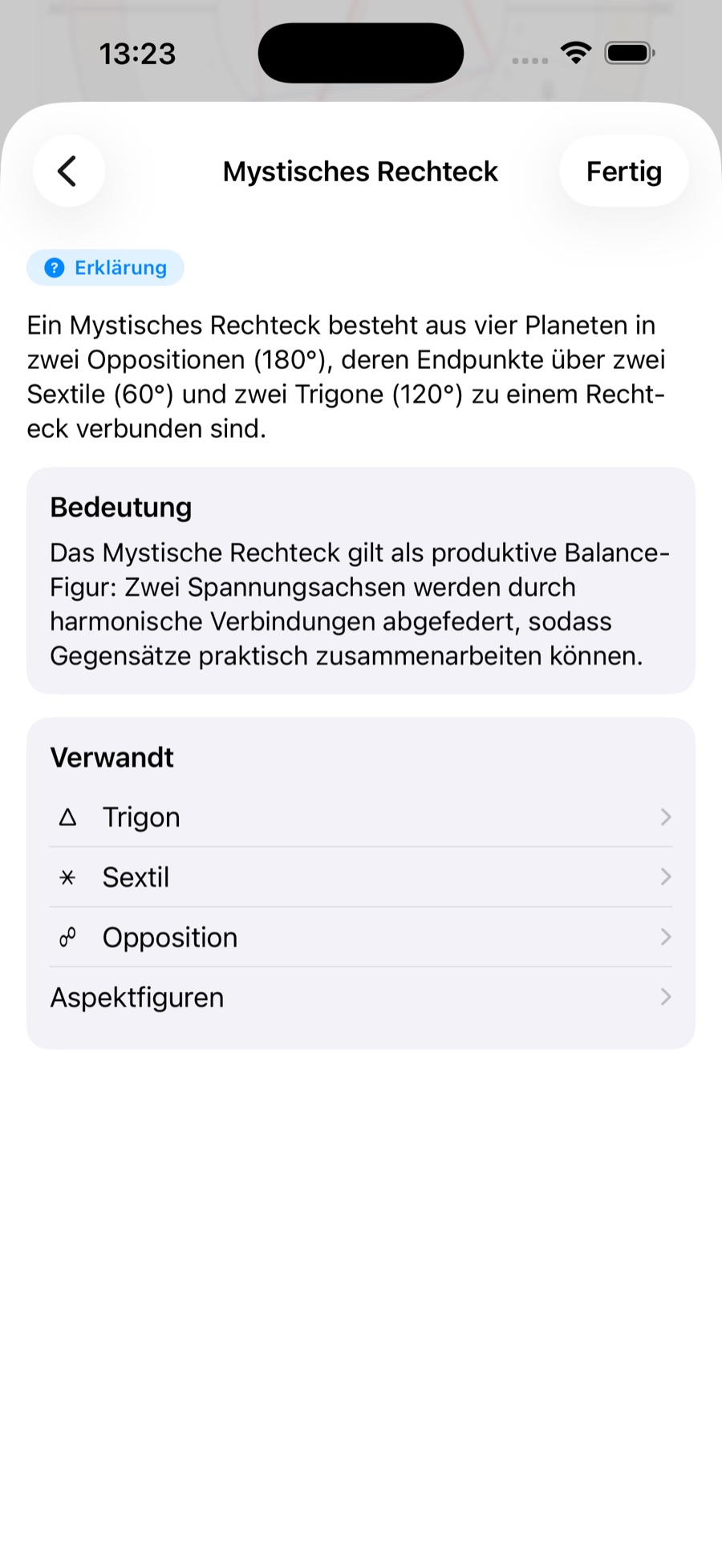 Das Glossar auf dem iPhone: Eintrag „Mystisches Rechteck“ mit Bedeutung und Querverweisen zu verwandten Begriffen