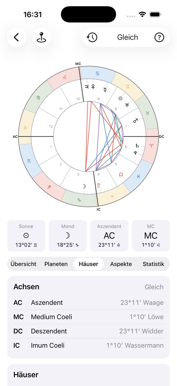 Soriel auf dem iPhone: grafisches Radix-Diagramm mit Häusertabelle